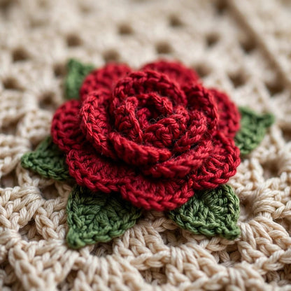 Handmade Crochet Beige Open Front Cardigan with Red Rose Appliques and Ribbed Cuffs