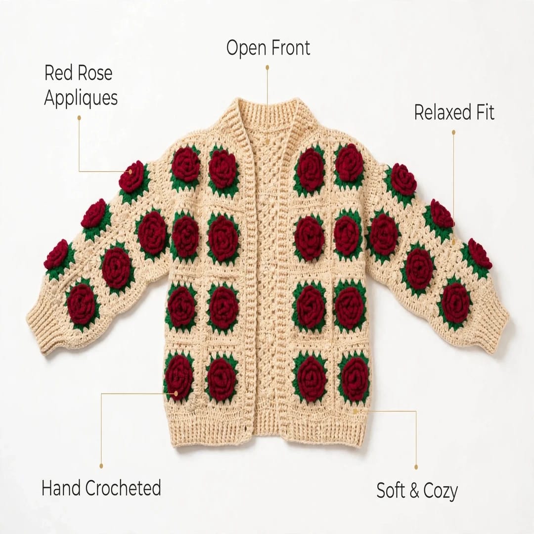 Handmade Crochet Beige Open Front Cardigan with Red Rose Appliques and Ribbed Cuffs