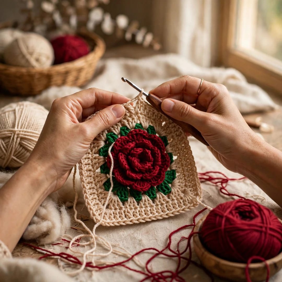 Handmade Crochet Beige Open Front Cardigan with Red Rose Appliques and Ribbed Cuffs