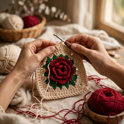 Handmade Crochet Beige Open Front Cardigan with Red Rose Appliques and Ribbed Cuffs