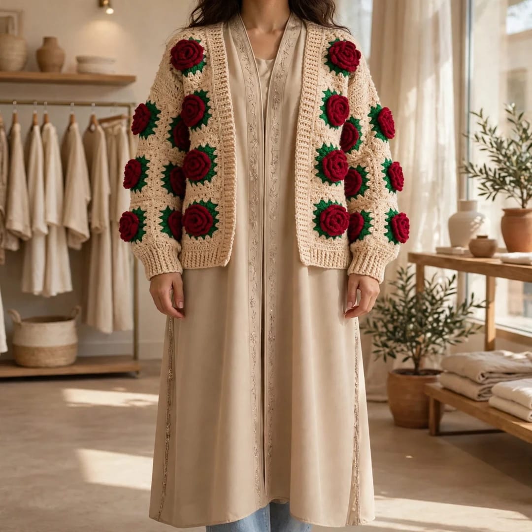 Handmade Crochet Beige Open Front Cardigan with Red Rose Appliques and Ribbed Cuffs