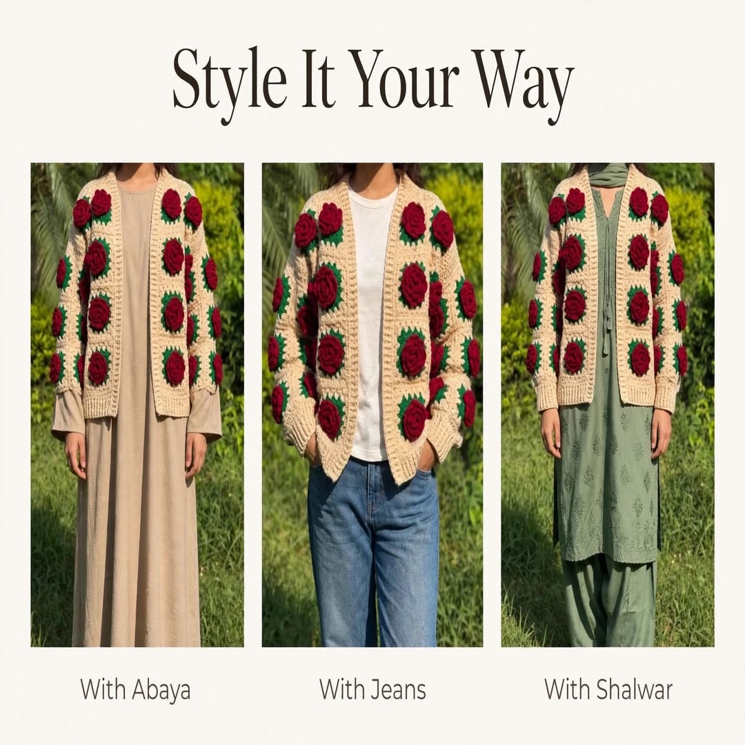 Handmade Crochet Beige Open Front Cardigan with Red Rose Appliques and Ribbed Cuffs