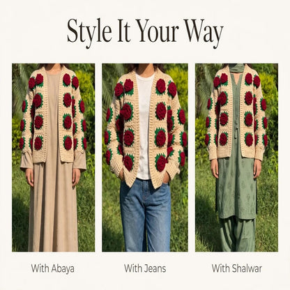 Handmade Crochet Beige Open Front Cardigan with Red Rose Appliques and Ribbed Cuffs