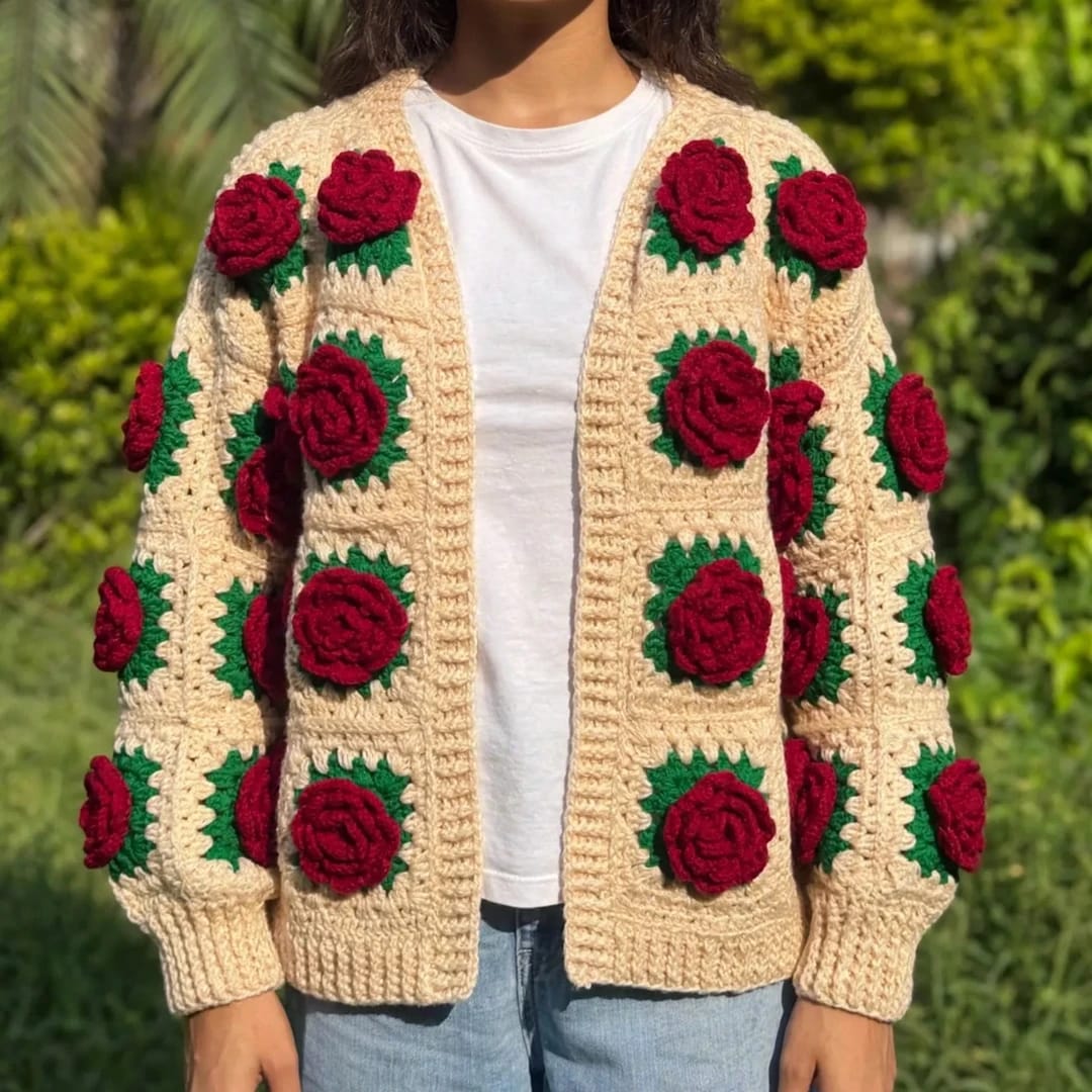 Handmade Crochet Beige Open Front Cardigan with Red Rose Appliques and Ribbed Cuffs
