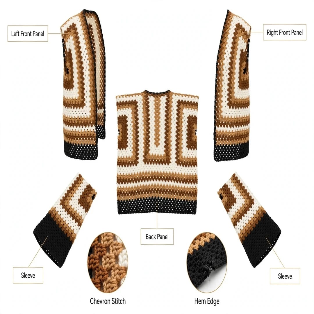 Handmade Crochet Dark Beige Brown Open Front Cardigan with Chevron Stitch Pattern