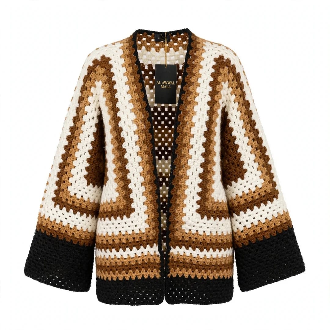 Handmade Crochet Dark Beige Brown Open Front Cardigan with Chevron Stitch Pattern