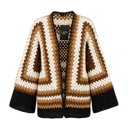 Handmade Crochet Dark Beige Brown Open Front Cardigan with Chevron Stitch Pattern