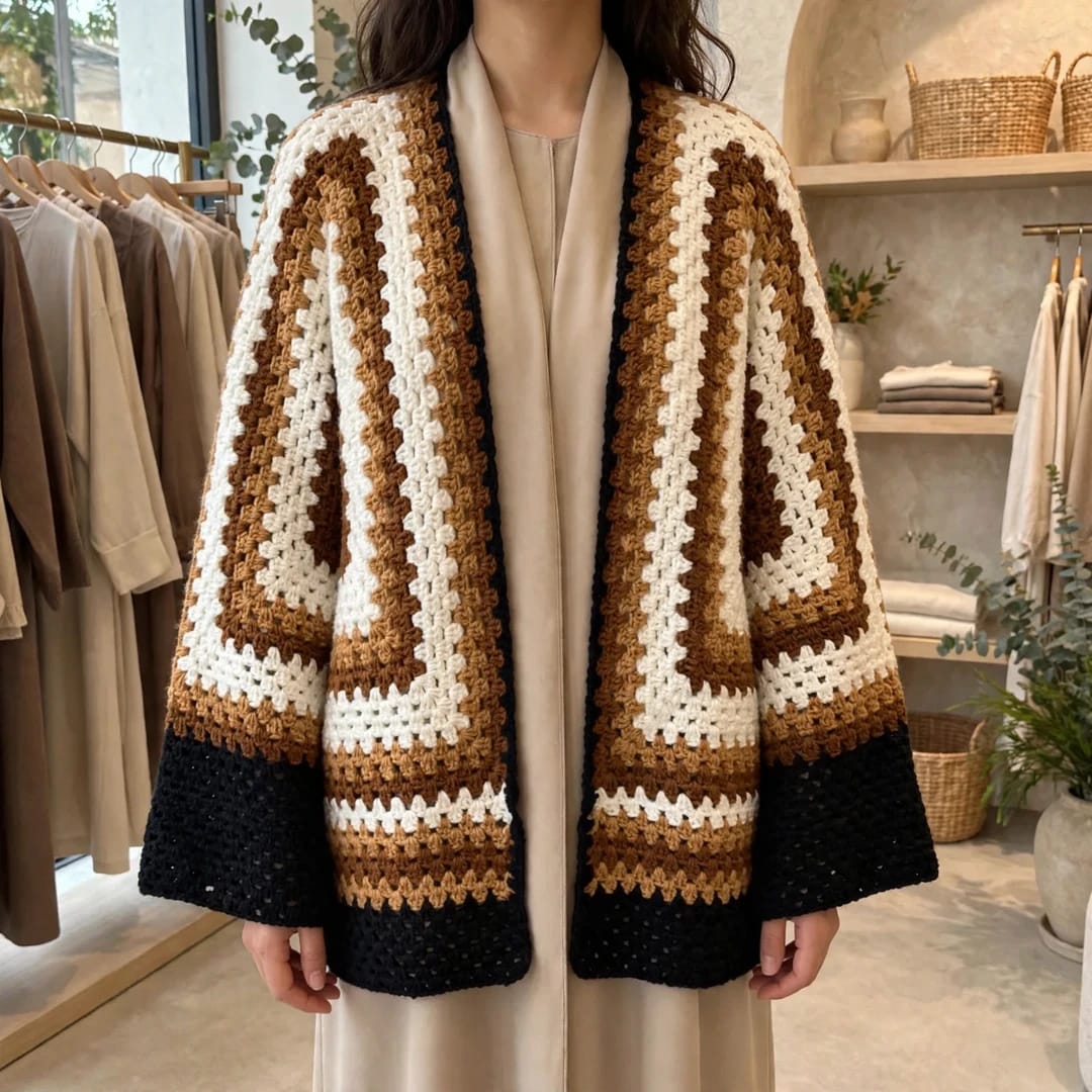 Handmade Crochet Dark Beige Brown Open Front Cardigan with Chevron Stitch Pattern
