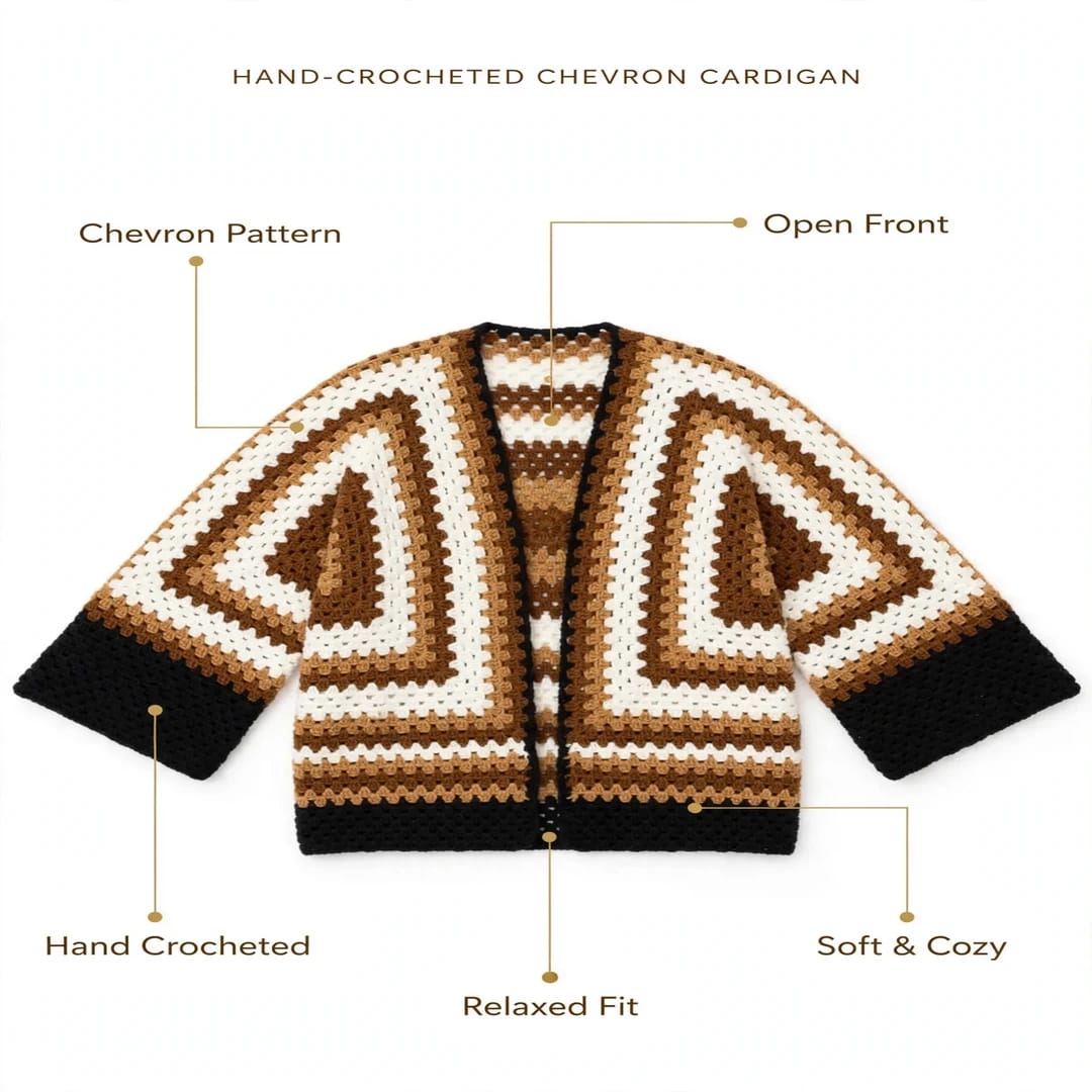 Handmade Crochet Dark Beige Brown Open Front Cardigan with Chevron Stitch Pattern