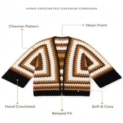 Handmade Crochet Dark Beige Brown Open Front Cardigan with Chevron Stitch Pattern