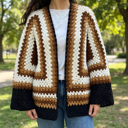 Handmade Crochet Dark Beige Brown Open Front Cardigan with Chevron Stitch Pattern