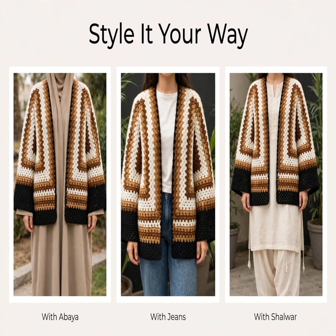 Handmade Crochet Dark Beige Brown Open Front Cardigan with Chevron Stitch Pattern