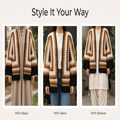 Handmade Crochet Dark Beige Brown Open Front Cardigan with Chevron Stitch Pattern