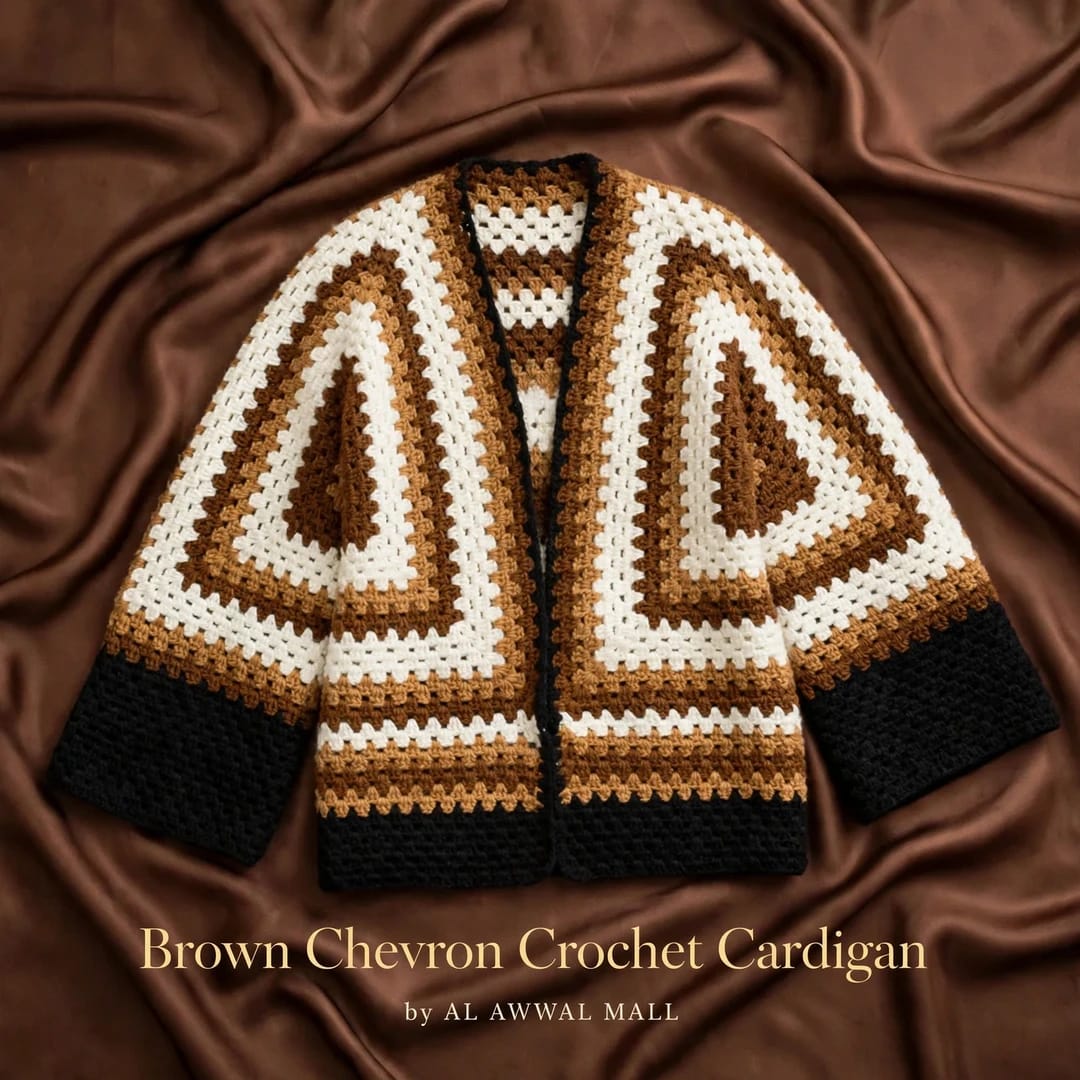 Handmade Crochet Dark Beige Brown Open Front Cardigan with Chevron Stitch Pattern