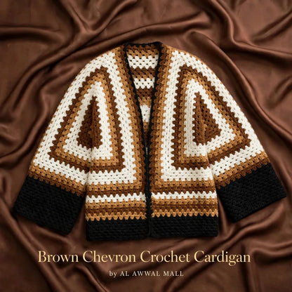 Handmade Crochet Dark Beige Brown Open Front Cardigan with Chevron Stitch Pattern