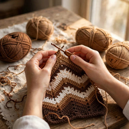 Handmade Crochet Dark Beige Brown Open Front Cardigan with Chevron Stitch Pattern