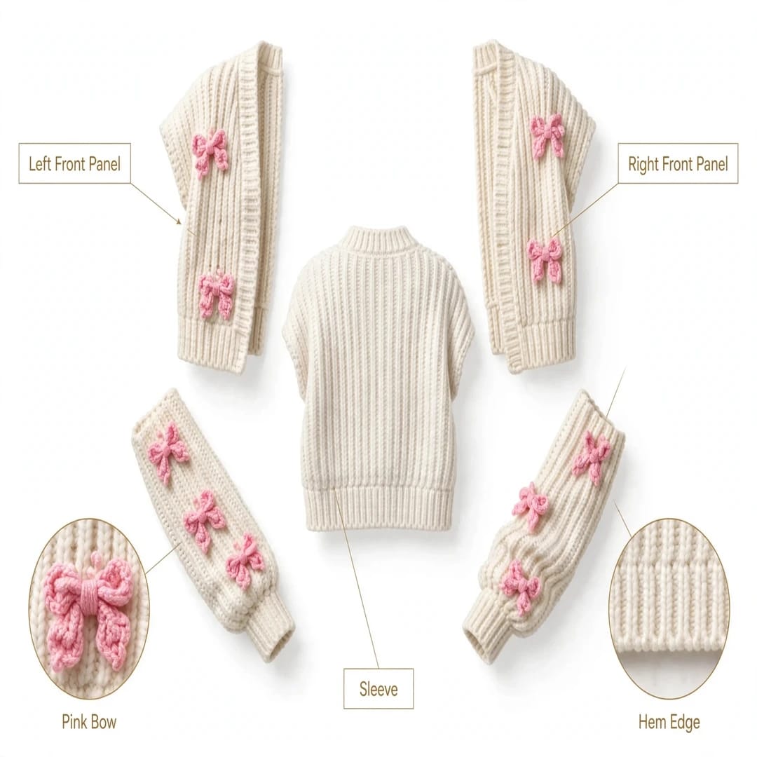Handmade Crochet Cream Cardigan with Pink Butterfly Bow Details for Women
