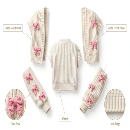 Handmade Crochet Cream Cardigan with Pink Butterfly Bow Details for Women