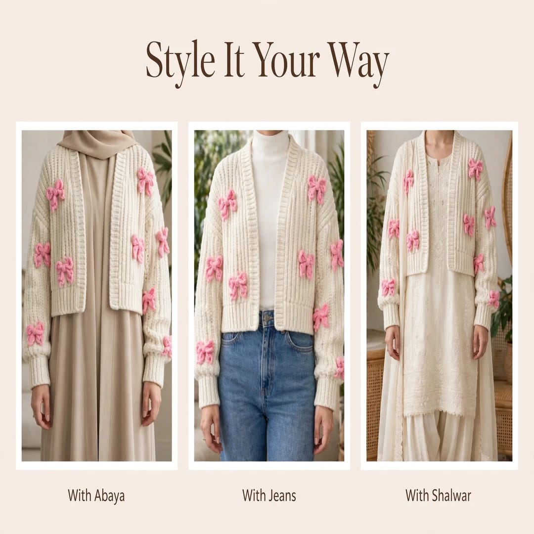 Handmade Crochet Cream Cardigan with Pink Butterfly Bow Details for Women