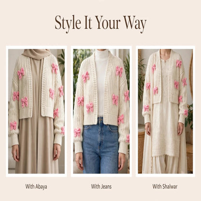 Handmade Crochet Cream Cardigan with Pink Butterfly Bow Details for Women