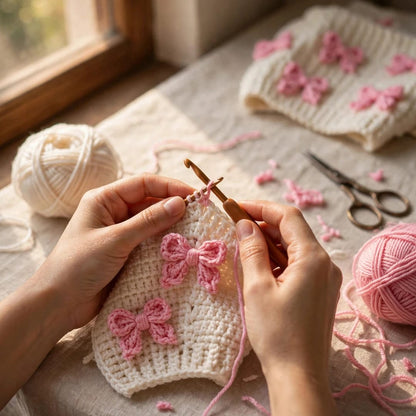 Handmade Crochet Cream Cardigan with Pink Butterfly Bow Details for Women