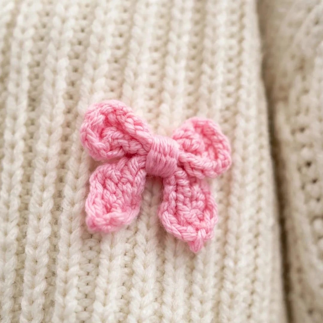 Handmade Crochet Cream Cardigan with Pink Butterfly Bow Details for Women