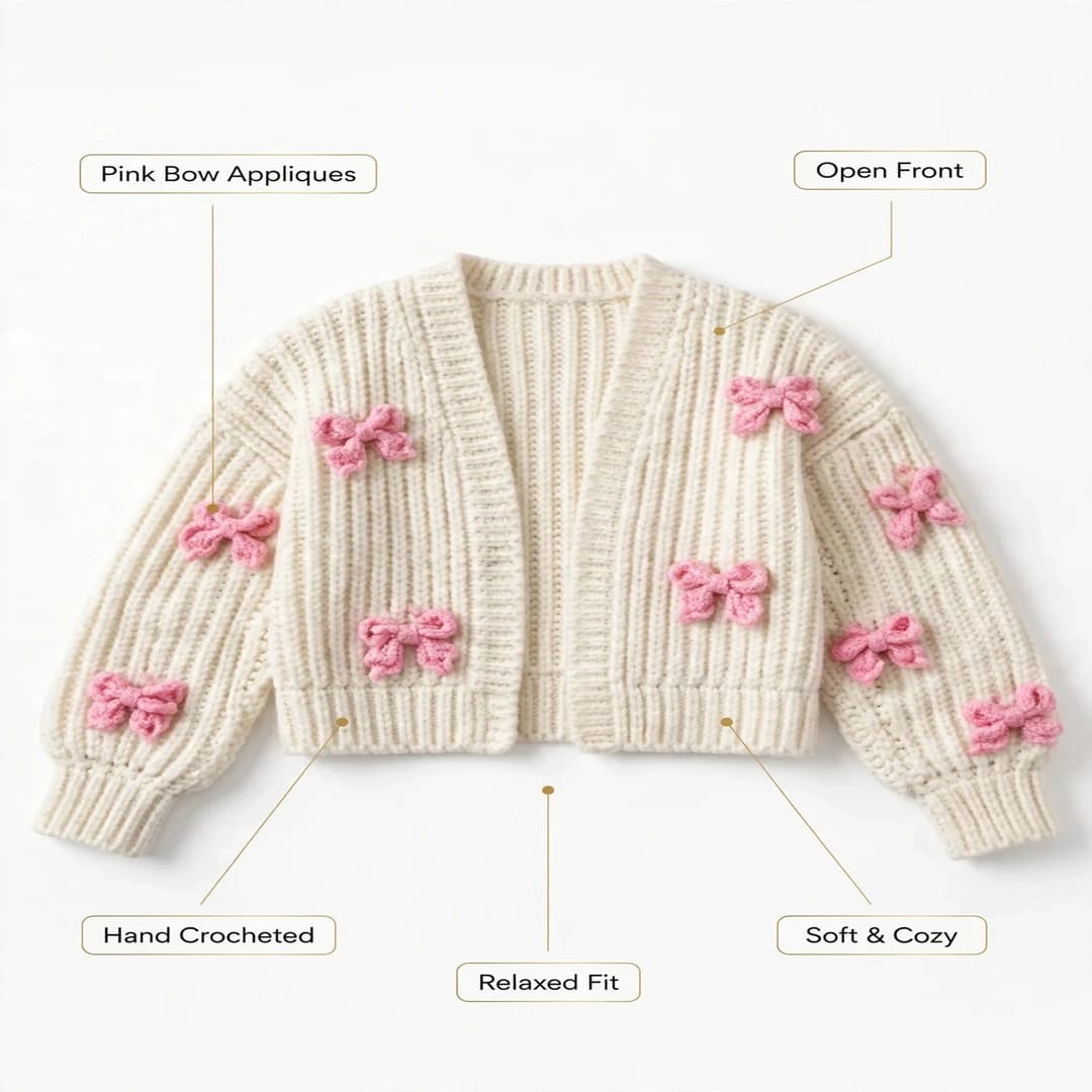 Handmade Crochet Cream Cardigan with Pink Butterfly Bow Details for Women