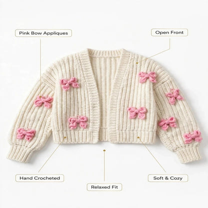 Handmade Crochet Cream Cardigan with Pink Butterfly Bow Details for Women