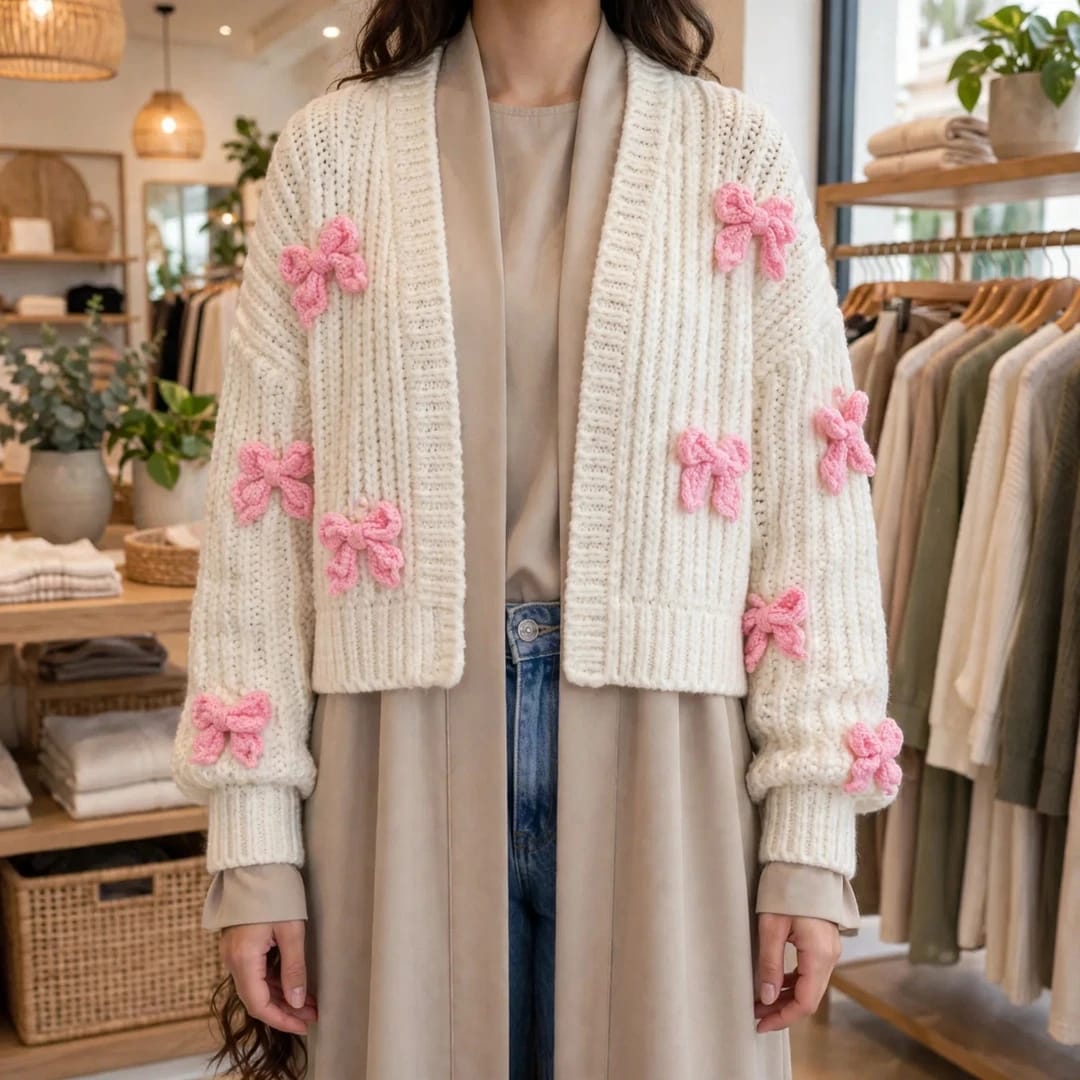 Handmade Crochet Cream Cardigan with Pink Butterfly Bow Details for Women