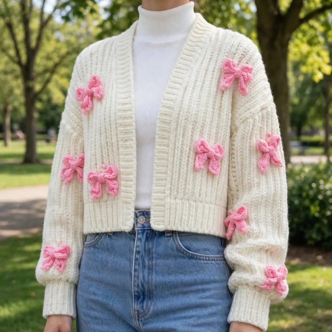 Handmade Crochet Cream Cardigan with Pink Butterfly Bow Details for Women