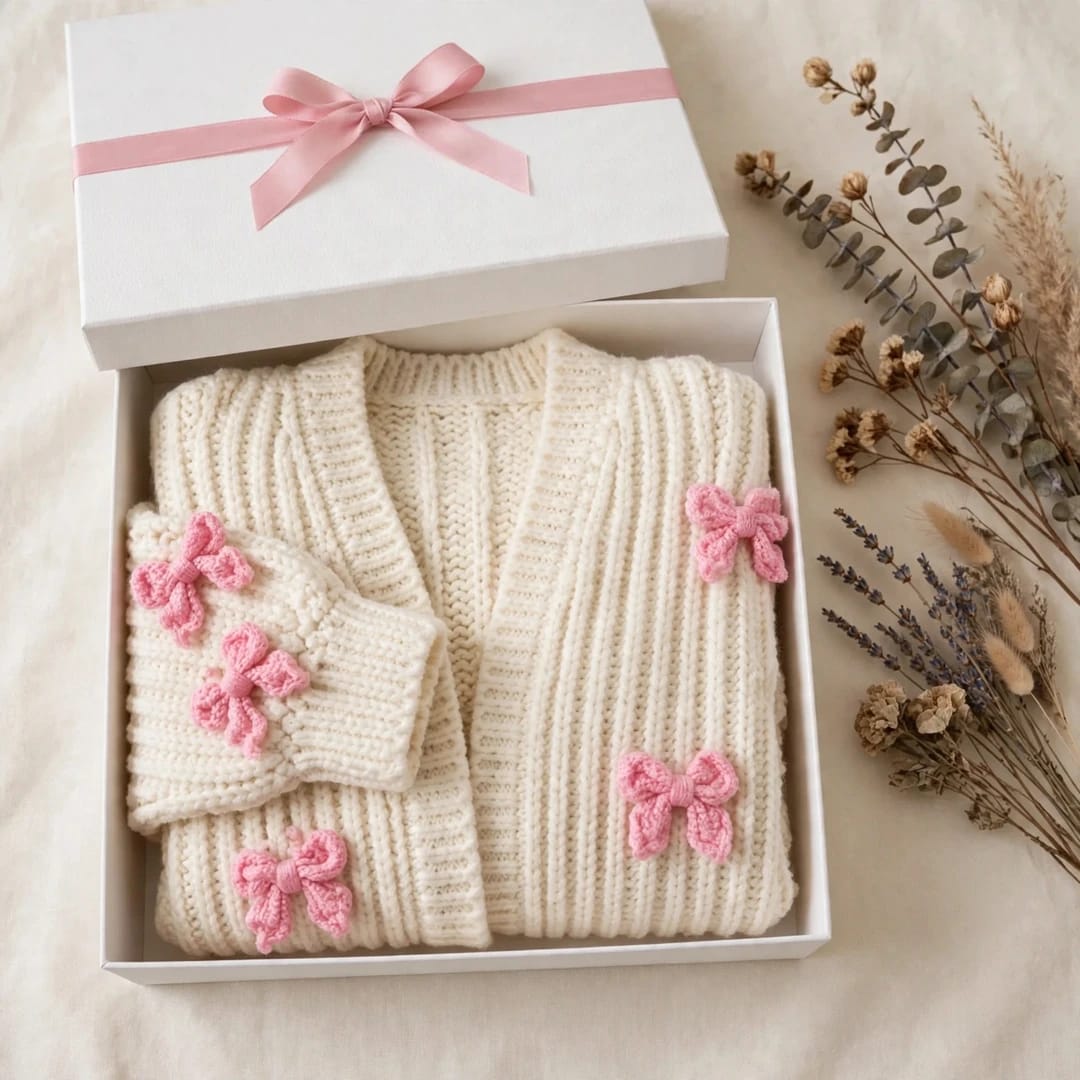 Handmade Crochet Cream Cardigan with Pink Butterfly Bow Details for Women