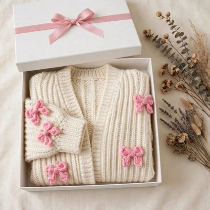 Handmade Crochet Cream Cardigan with Pink Butterfly Bow Details for Women
