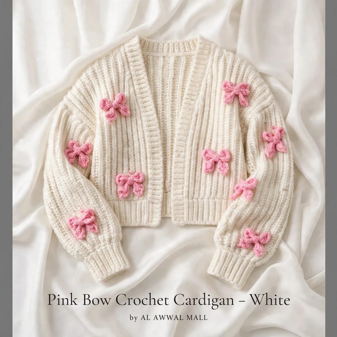 Handmade Crochet Cream Cardigan with Pink Butterfly Bow Details for Women