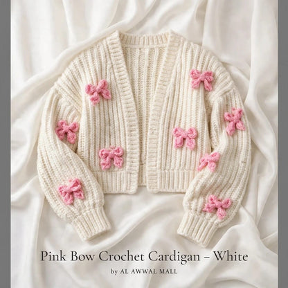 Handmade Crochet Cream Cardigan with Pink Butterfly Bow Details for Women