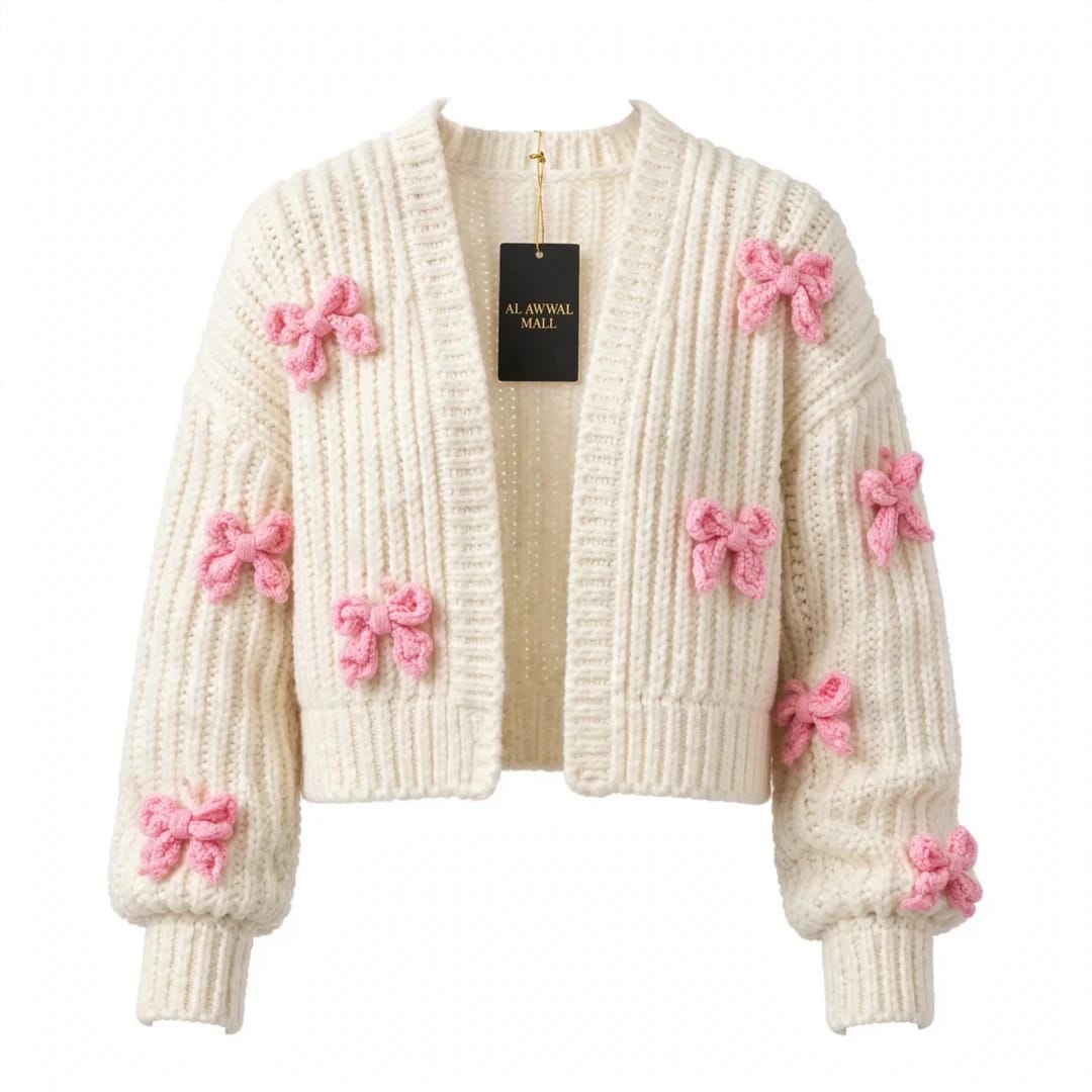 Handmade Crochet Cream Cardigan with Pink Butterfly Bow Details for Women