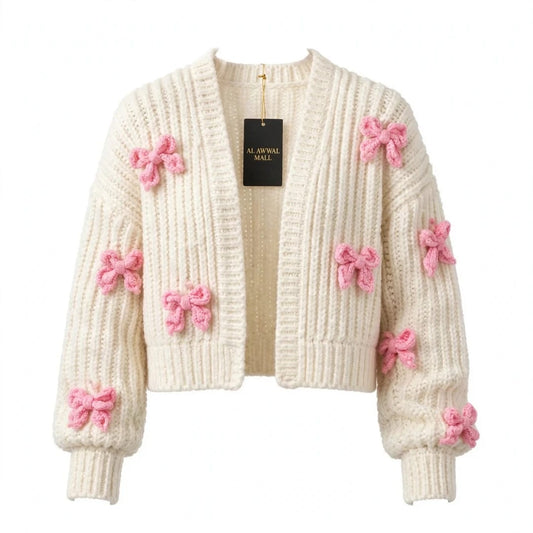 Handmade Crochet Cream Cardigan with Pink Butterfly Bow Details for Women