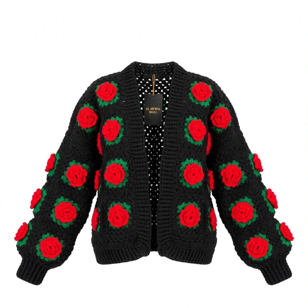 Handmade Crochet Black Open Front Cardigan with Red Rose Appliques and Green Leaf Details