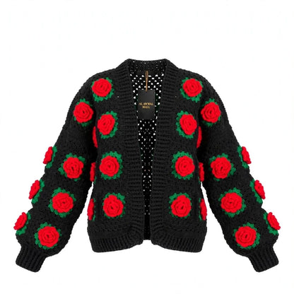 Handmade Crochet Black Open Front Cardigan with Red Rose Appliques and Green Leaf Details