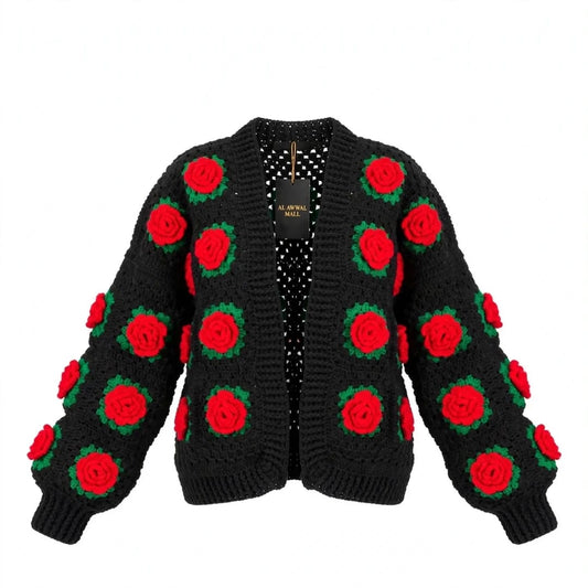 Handmade Crochet Black Open Front Cardigan with Red Rose Appliques and Green Leaf Details