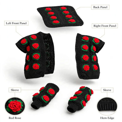 Handmade Crochet Black Open Front Cardigan with Red Rose Appliques and Green Leaf Details