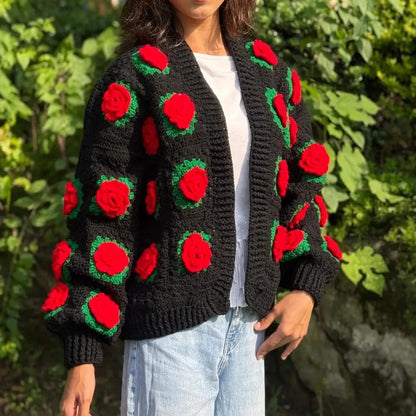 Handmade Crochet Black Open Front Cardigan with Red Rose Appliques and Green Leaf Details
