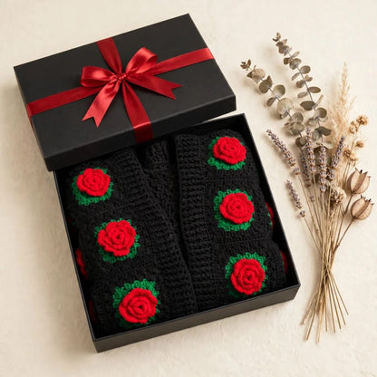 Handmade Crochet Black Open Front Cardigan with Red Rose Appliques and Green Leaf Details