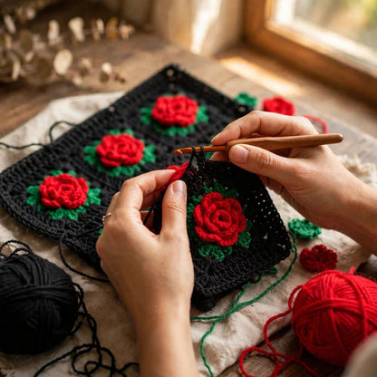 Handmade Crochet Black Open Front Cardigan with Red Rose Appliques and Green Leaf Details