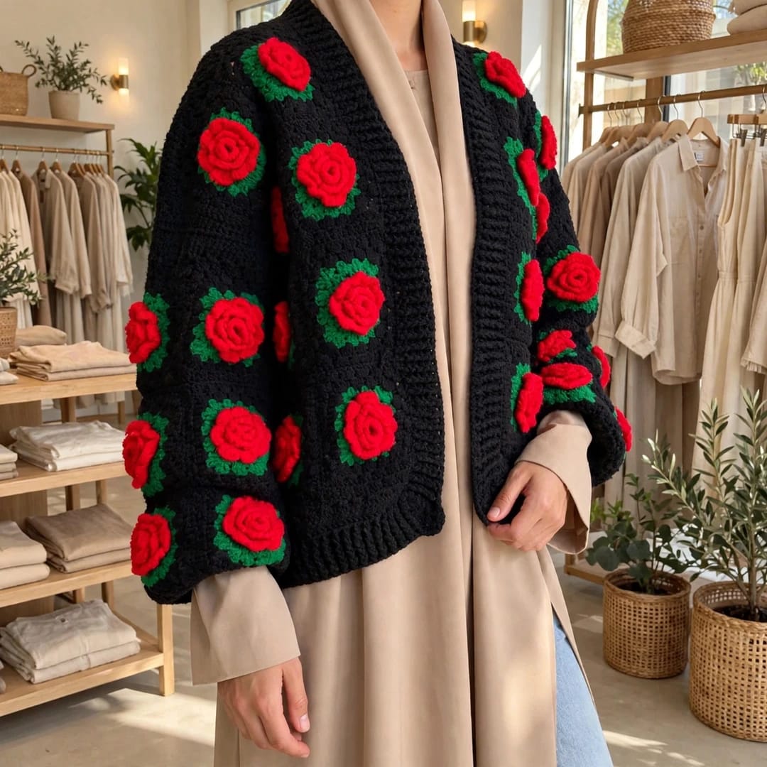 Handmade Crochet Black Open Front Cardigan with Red Rose Appliques and Green Leaf Details