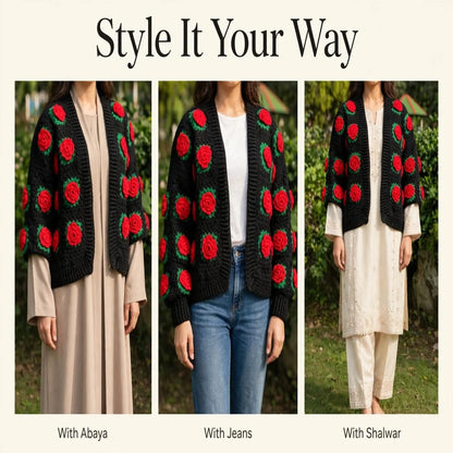 Handmade Crochet Black Open Front Cardigan with Red Rose Appliques and Green Leaf Details