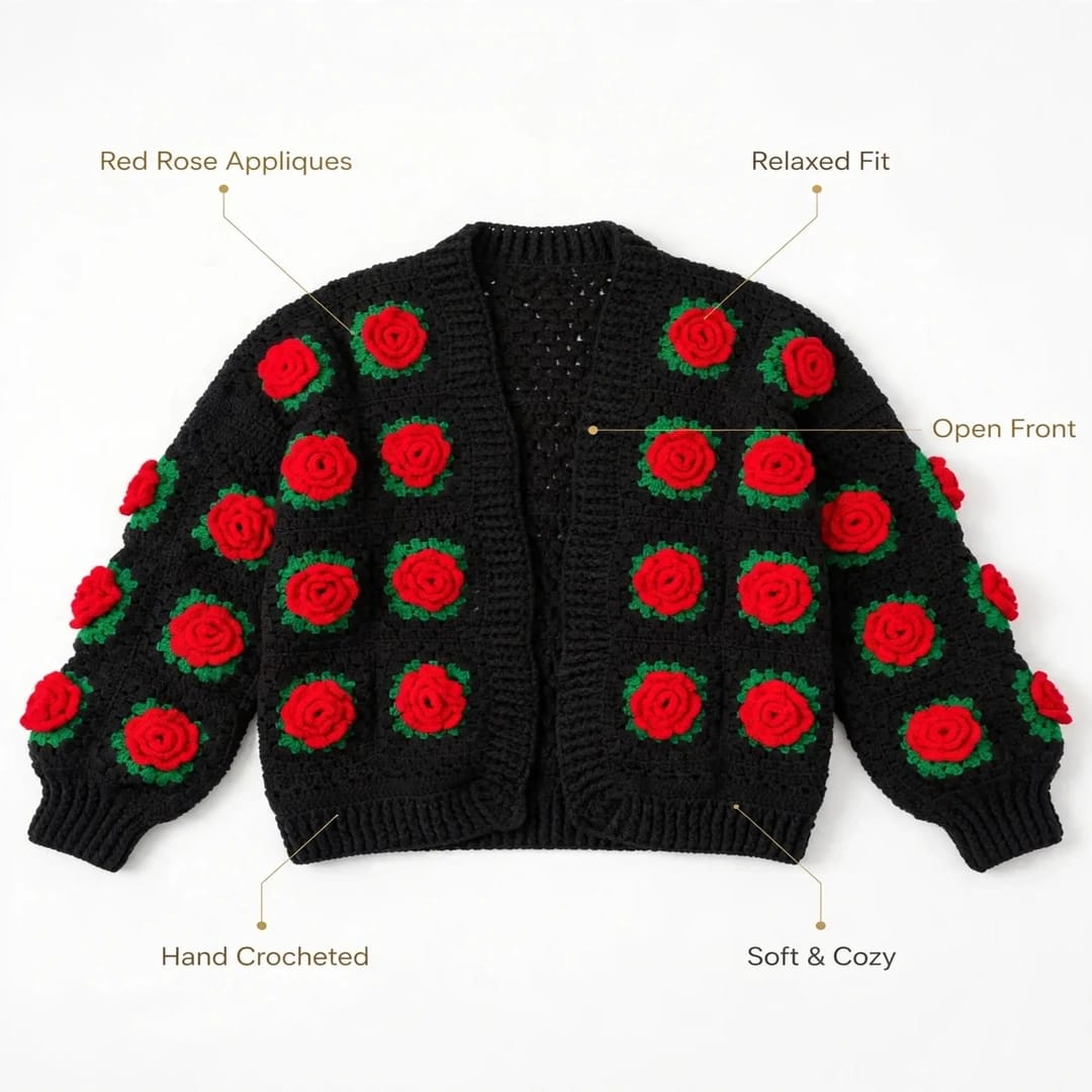 Handmade Crochet Black Open Front Cardigan with Red Rose Appliques and Green Leaf Details