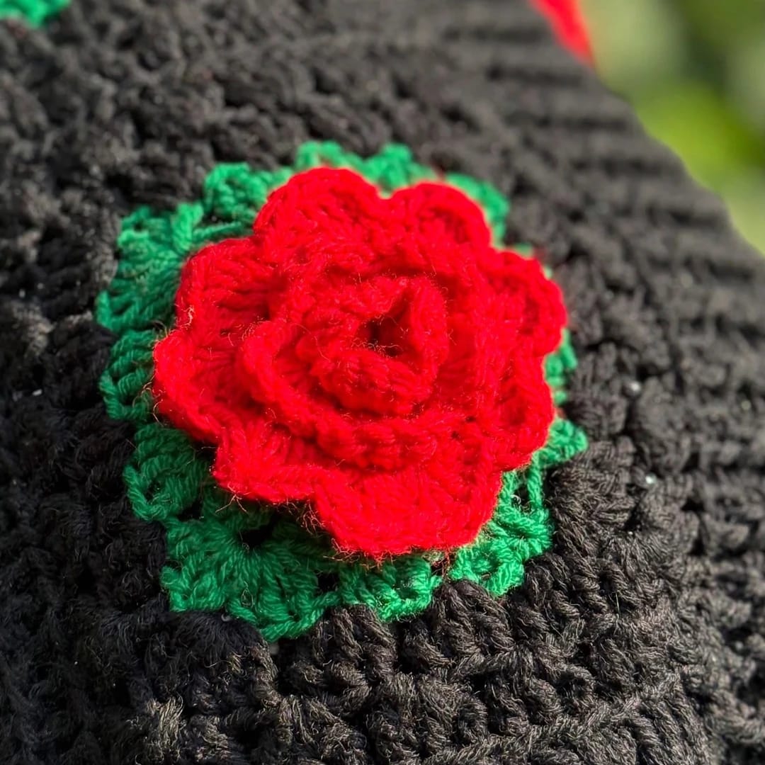 Handmade Crochet Black Open Front Cardigan with Red Rose Appliques and Green Leaf Details