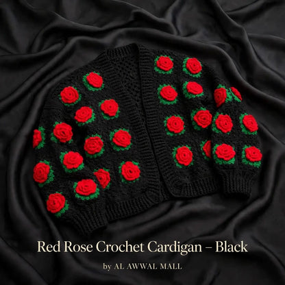 Handmade Crochet Black Open Front Cardigan with Red Rose Appliques and Green Leaf Details