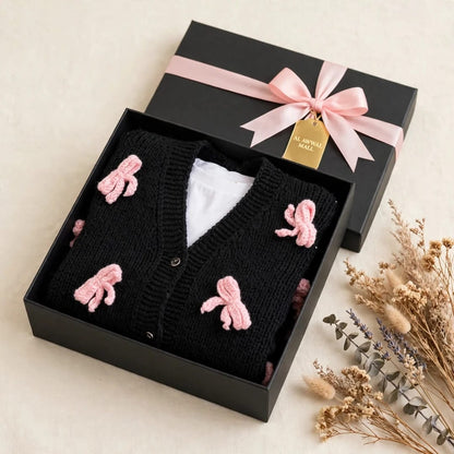 Handmade Crochet Black Open Front Cardigan with Pink Bow Appliques