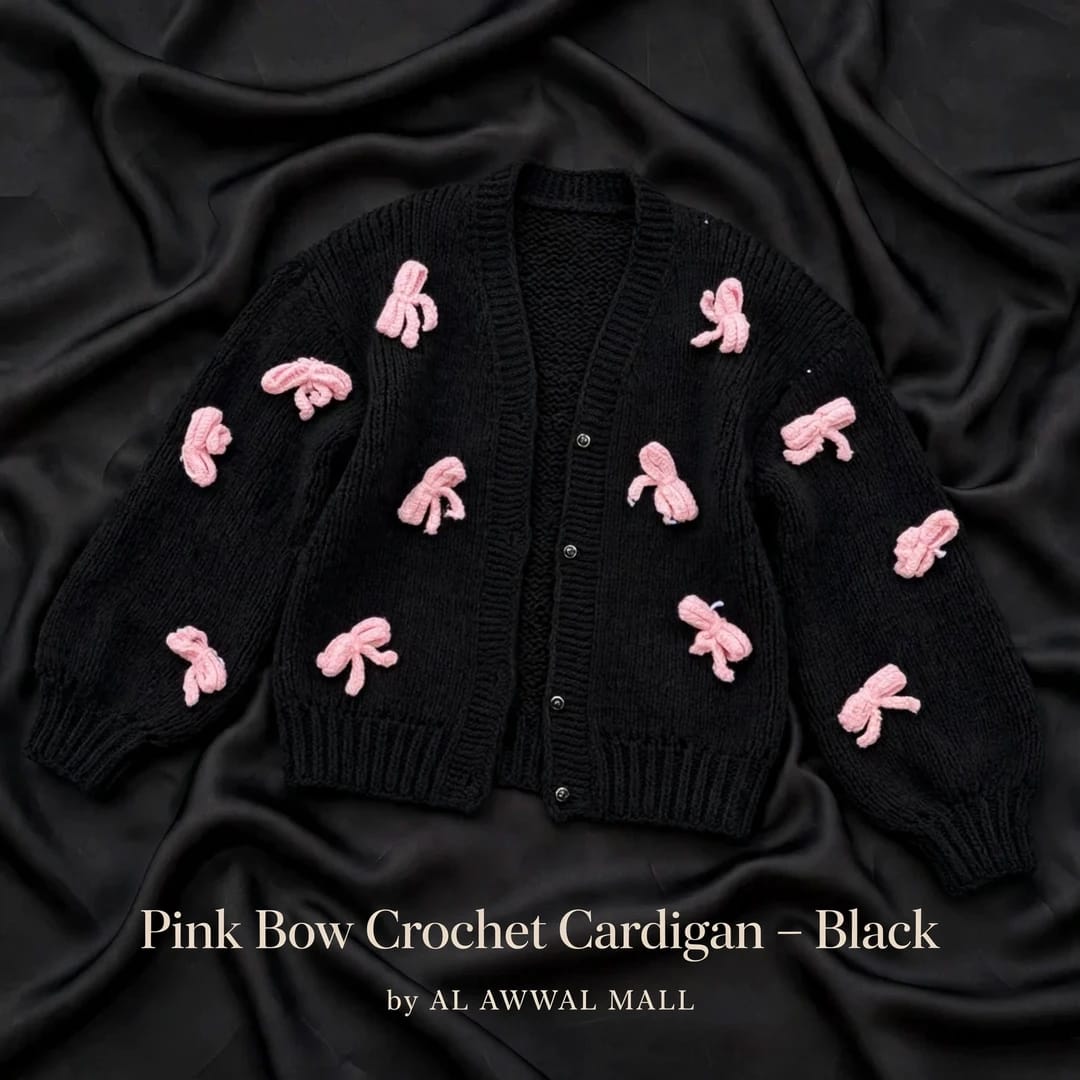 Handmade Crochet Black Open Front Cardigan with Pink Bow Appliques